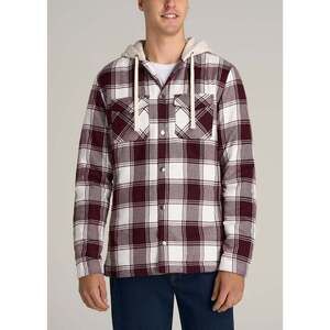 American Tall Hooded Flannel Shirt Jacket for Tall Men in Maroon & White Plaid M